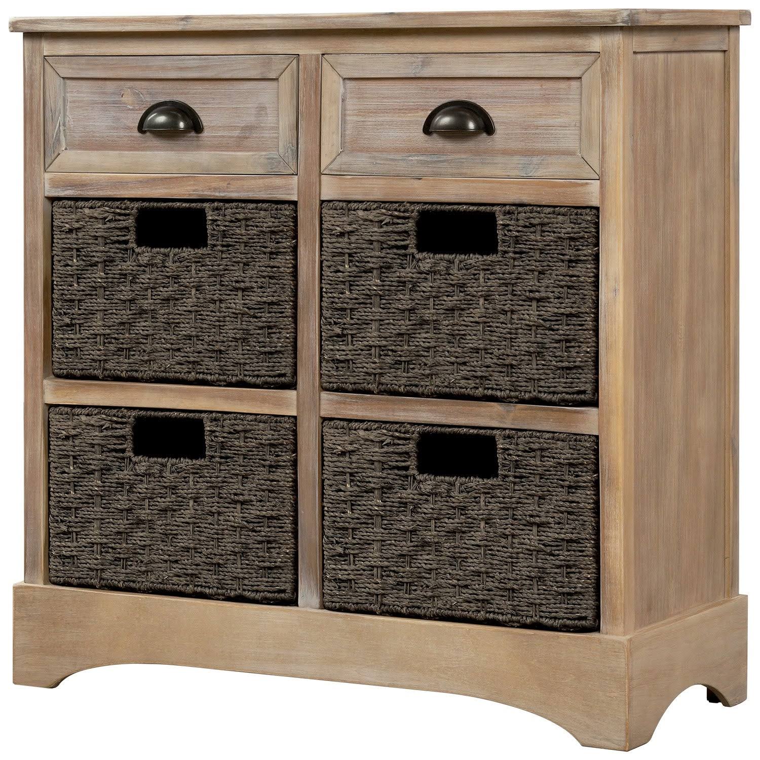 Rustic Storage Cabinet with 2-Drawers and 4 Fabric Basket Dark Brown I811