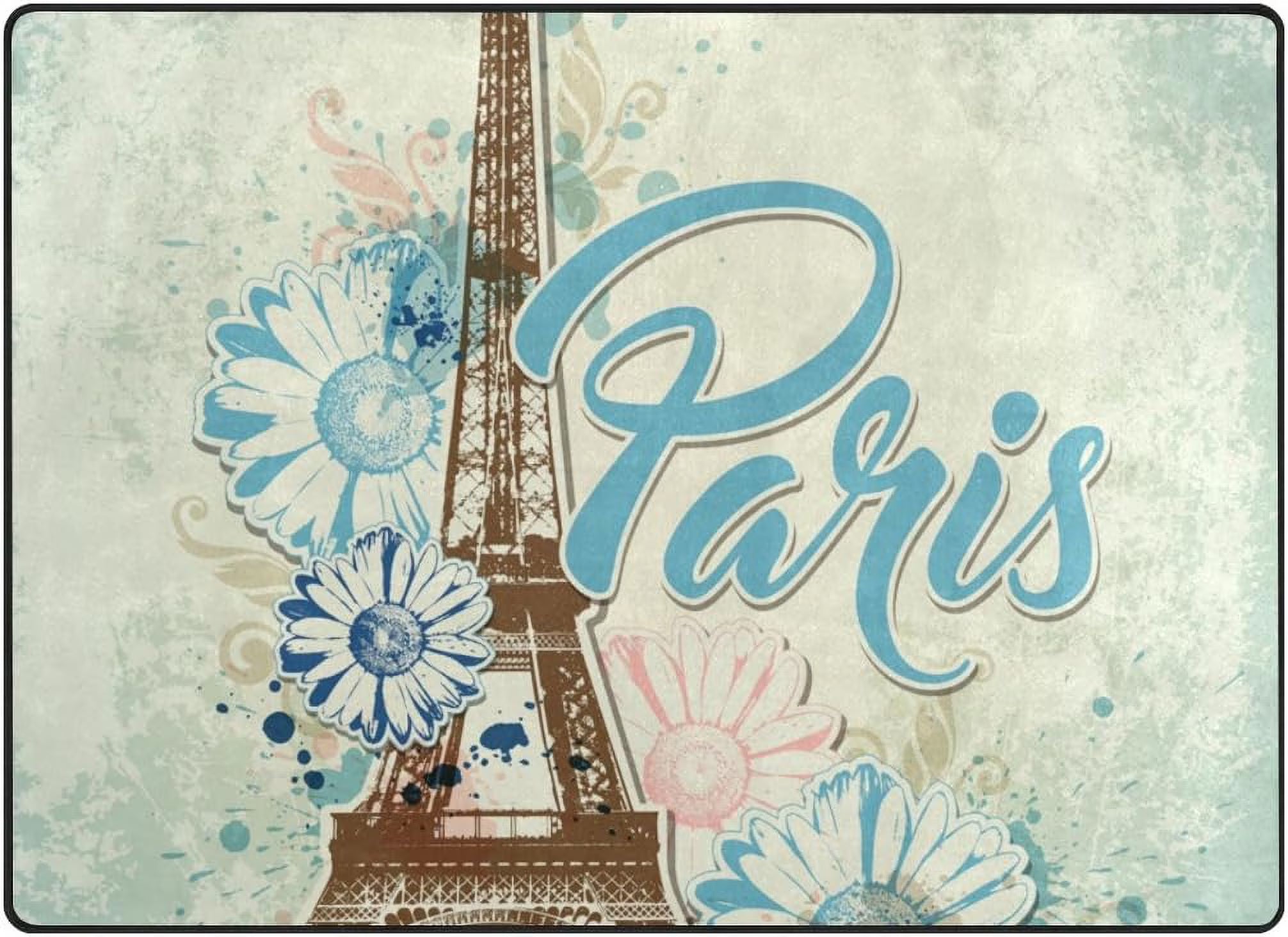 Eiffel Tower Flowers Lightweight Carpet Mats, 6'8" x 4'10" Area Soft Rugs B1589