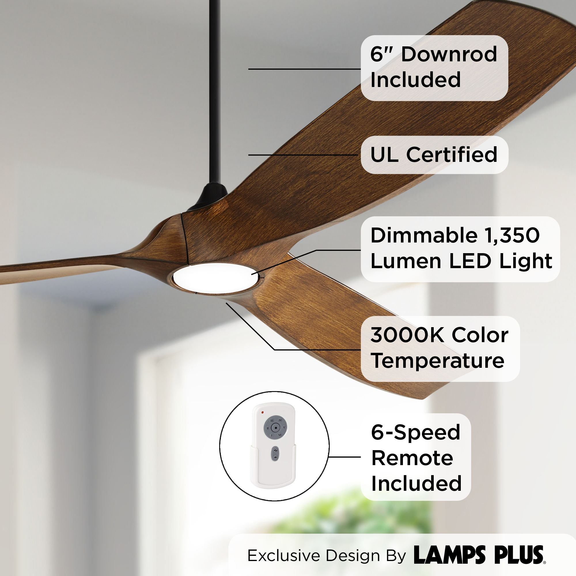 70" Black Koa Damp Rated Indoor Outdoor Ceiling Fan with Dimmable LED Light Remote E85618