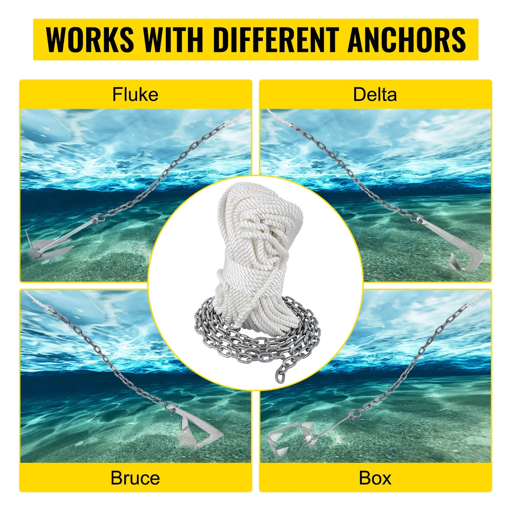 Boat Anchor Chain 15' x 5/16" Galvanized Chain with 1/2" x 200' Nylon Rope N139