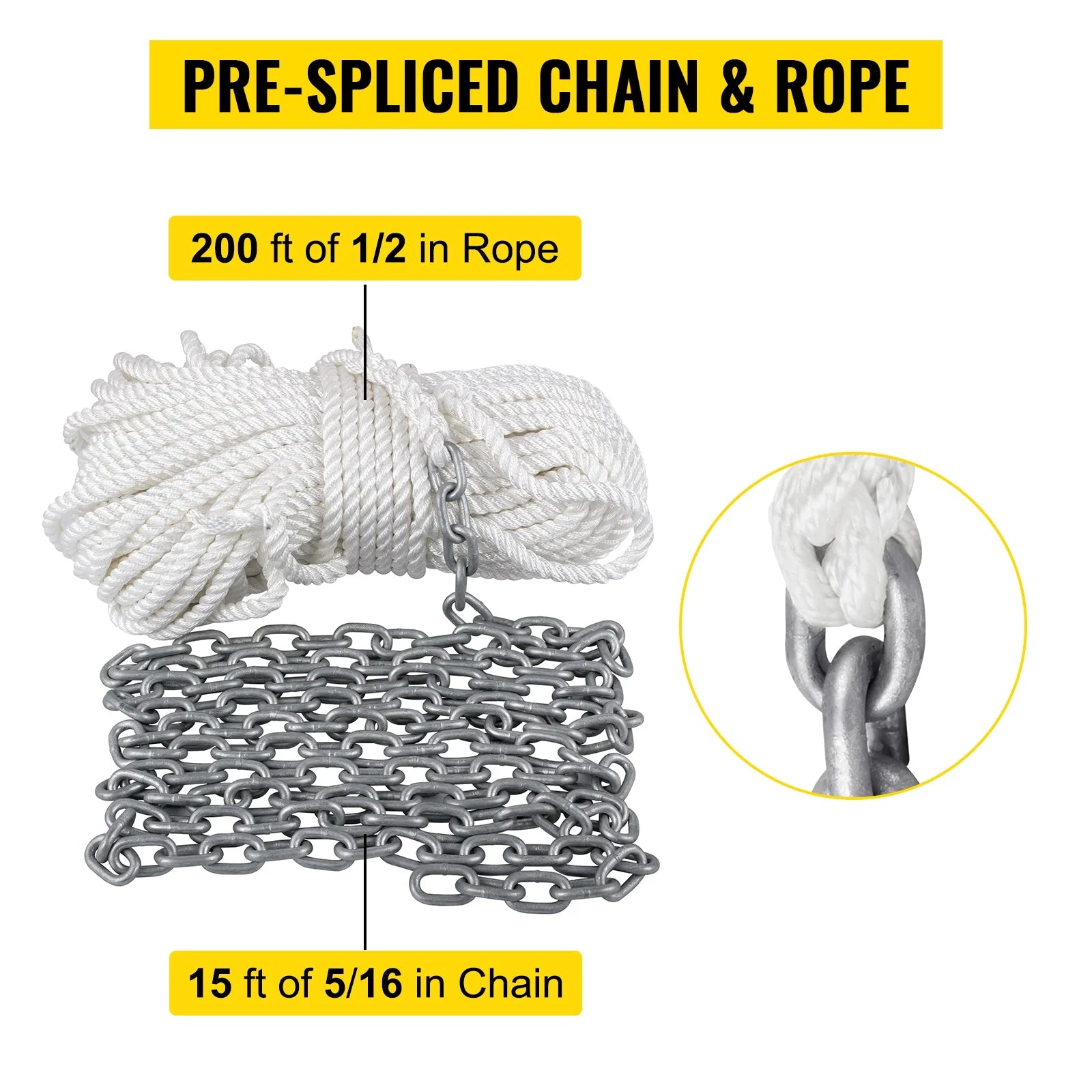 Boat Anchor Chain 15' x 5/16" Galvanized Chain with 1/2" x 200' Nylon Rope N139