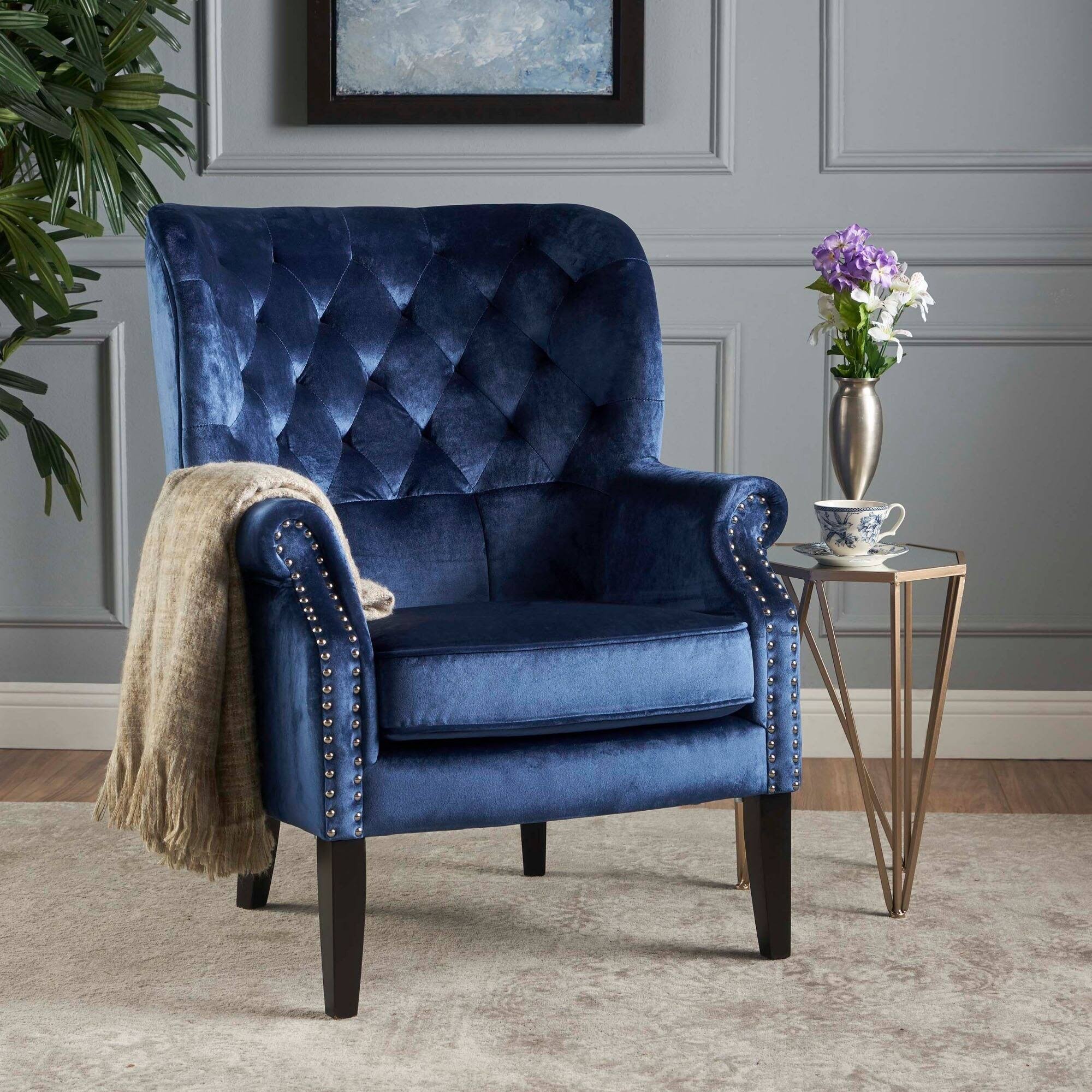 Cobalt Blue and Brown Tufted Club Chair E394