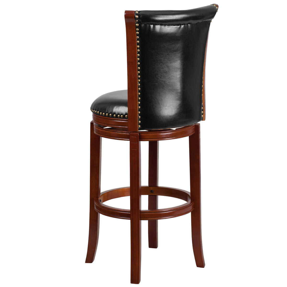 30" Dark Chestnut Wooden Bar Stool with Black Faux Leather Swivel Seat I6934