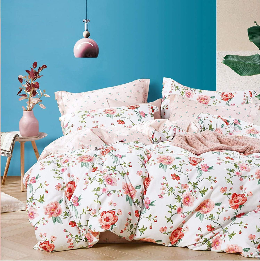 Red Floral 100% Cotton Kids Twin Duvet Cover Set with Zipper E4471