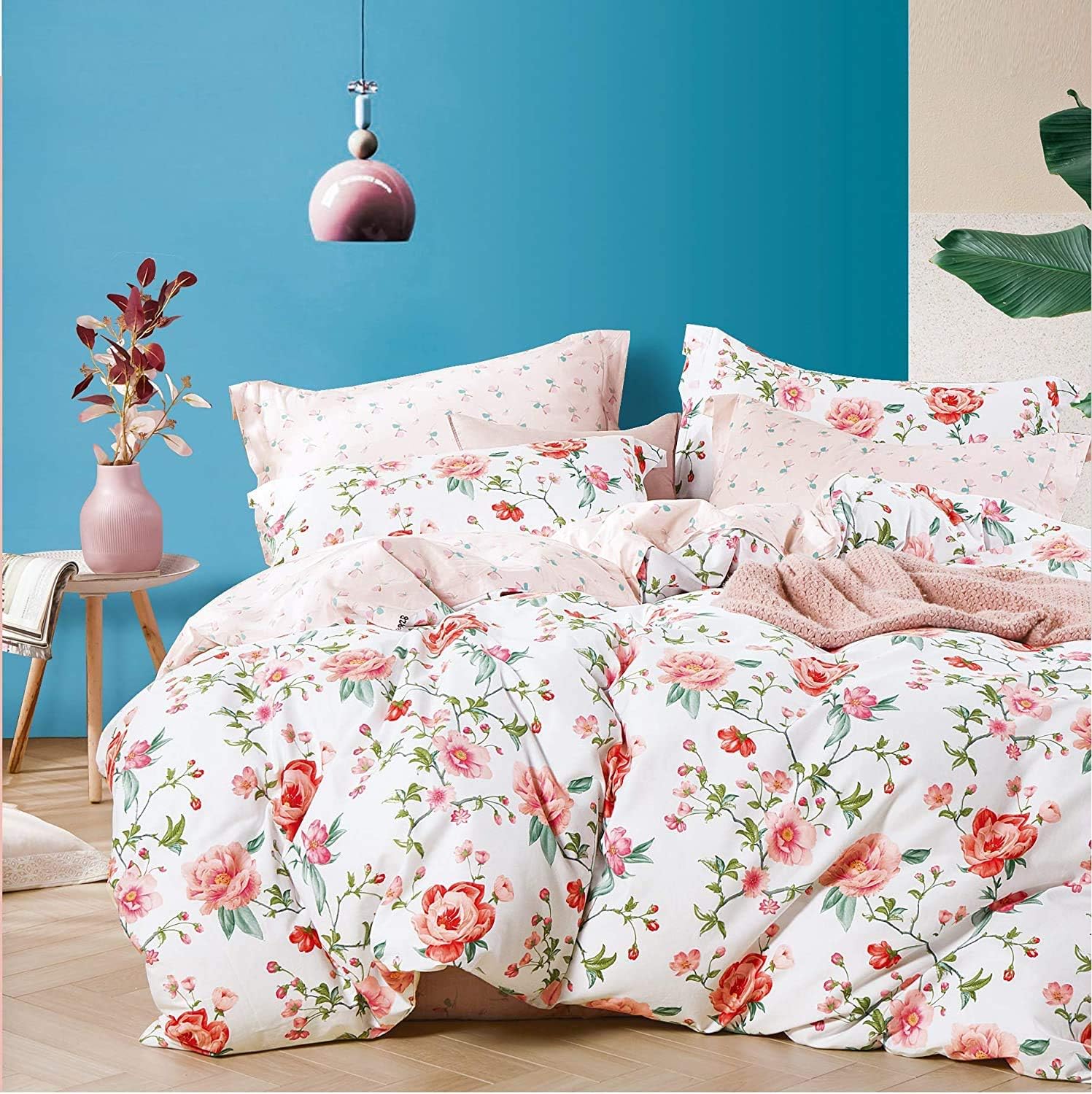Red Floral 100% Cotton Kids Twin Duvet Cover Set with Zipper E4471
