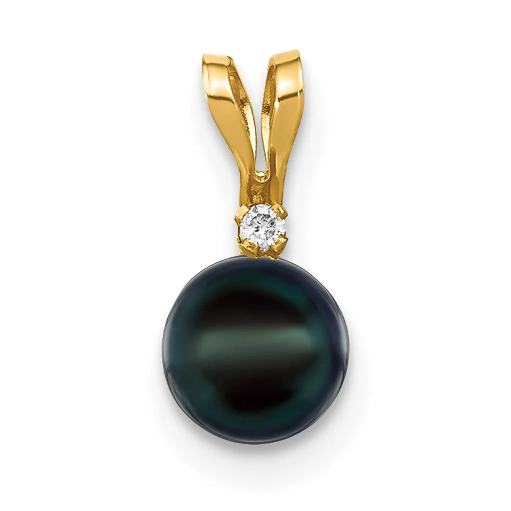 14K Yellow Gold Black Akoya Cultured Pearl Diamond Pendant Charm with Rope Chain Necklace 20'' C533