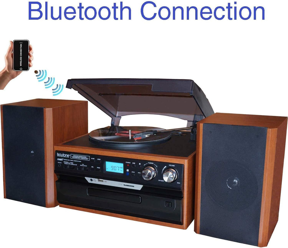 Bluetooth Record Player Turntable with AM/FM Radio, CD/Cassette Player, 2 Stereo Speakers D469