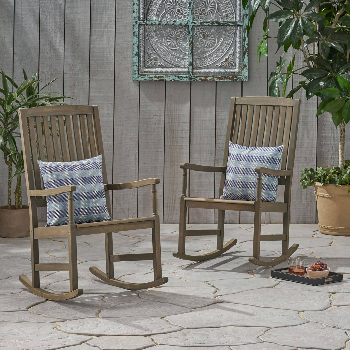 2pk Acacia Wood Rocking Chair Gray I48925