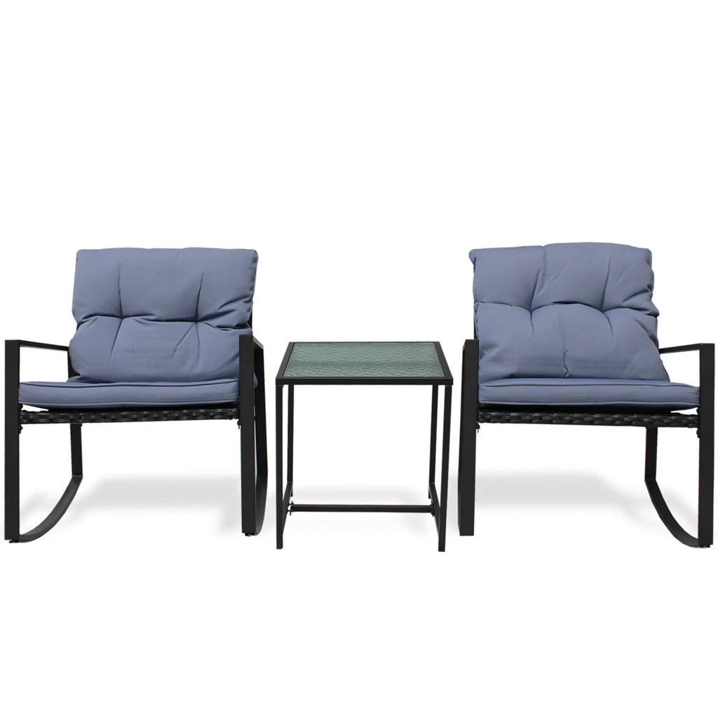 Black Wicker 3-Piece Rocking Chair Set with Glass Table U124355