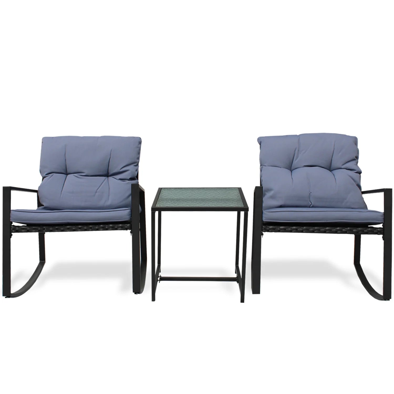 Black Wicker 3-Piece Rocking Chair Set with Glass Table U124355